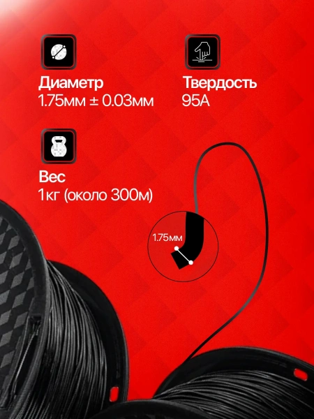 TPU 95A филамент KINGROON 1.75 мм, 1 кг., Черный